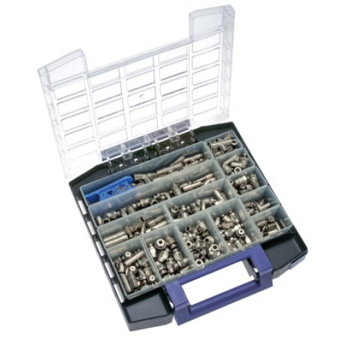 Sortimentsbox Pneumatik, Steckanschlüsse, 4 - 8 mm, IQS-Messing vernickelt